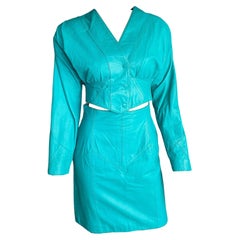 Retro 1980s Teal Leather Cropped Jacket and Skirt Set 