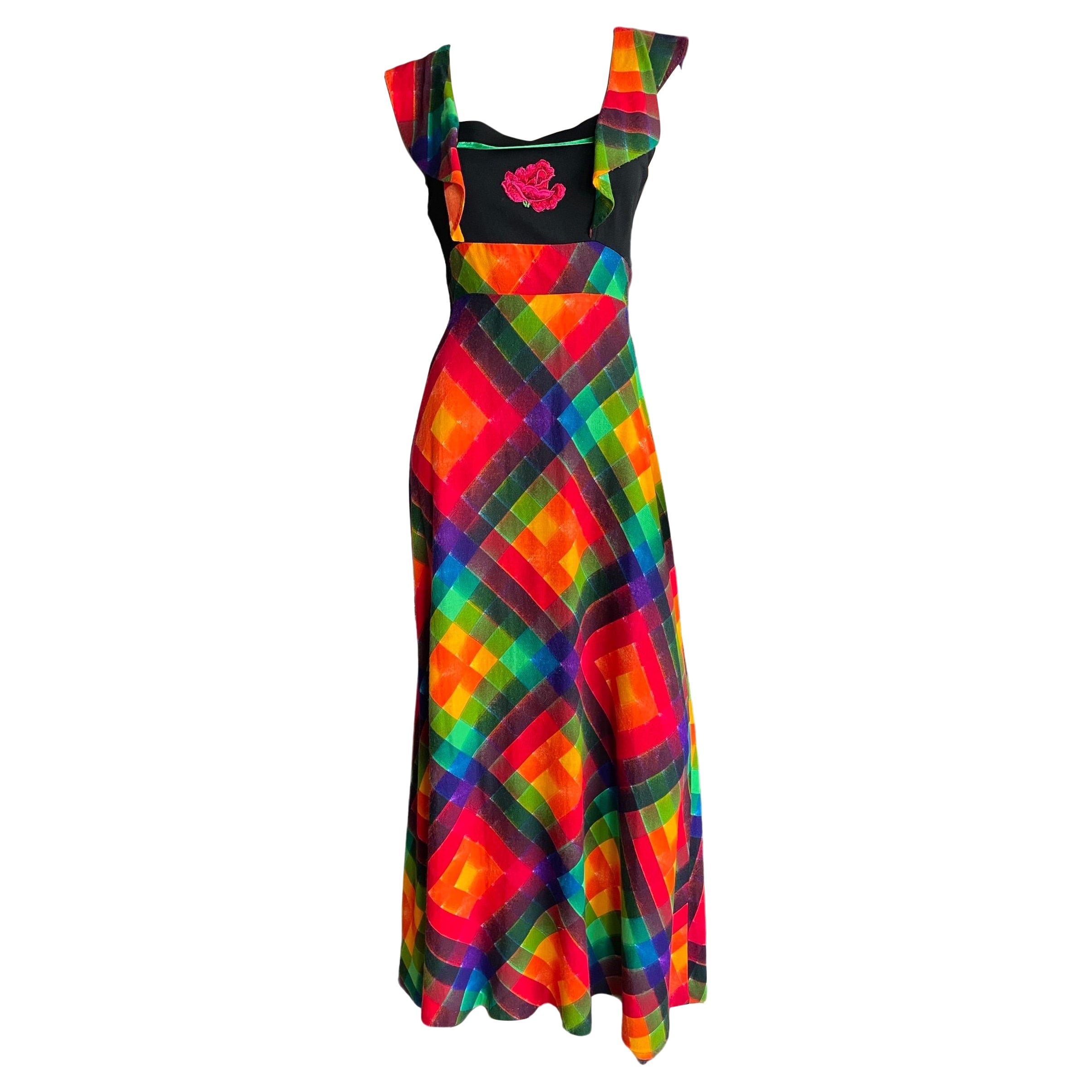 1970s Rainbow Plaid Rose Appliqué Sleeveless Maxi Dress  For Sale