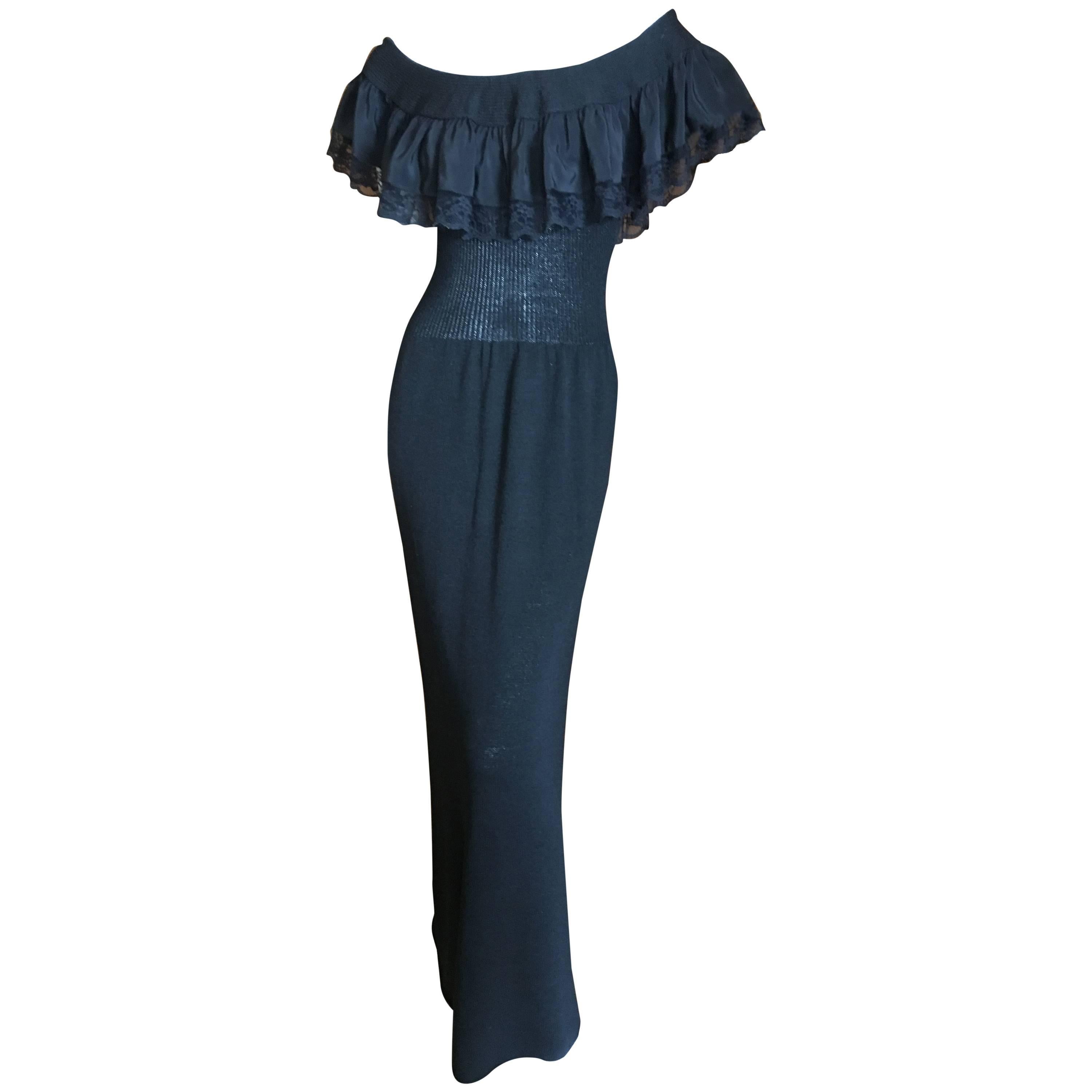 Adolfo 1970's Black Knit Off the Shoulder Ruffle Column Gown  For Sale