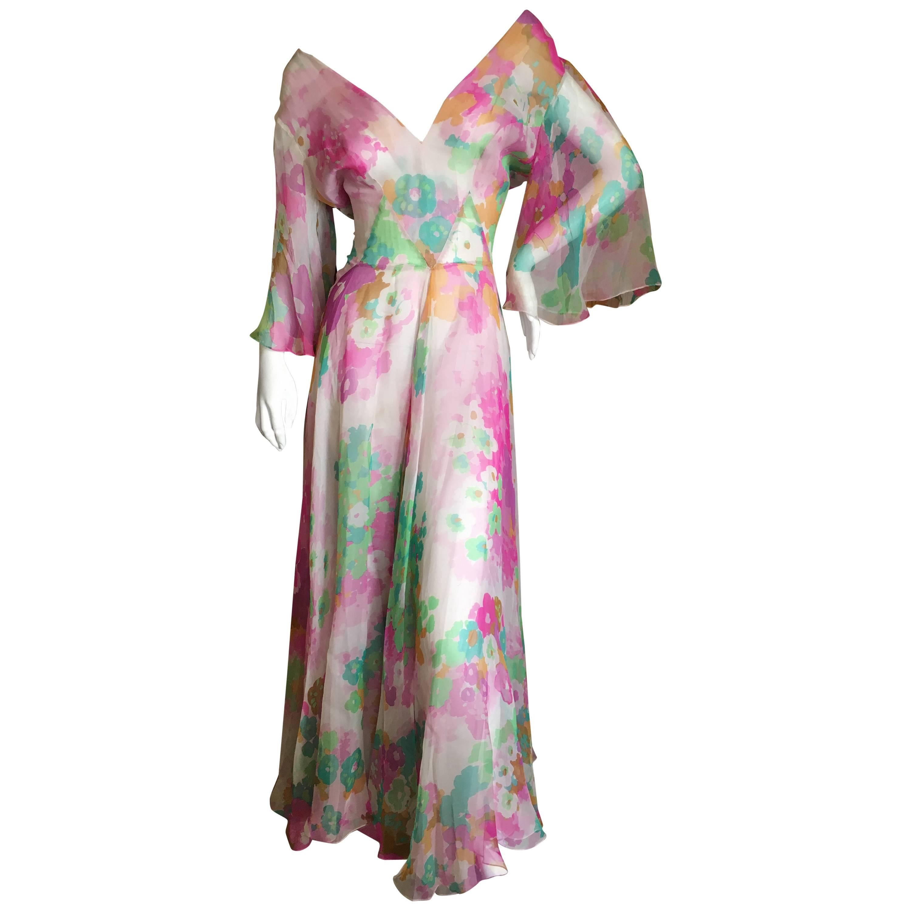 Christian Dior 1960's Demi Couture Numbered Low Cut Floral Silk Chiffon Dress For Sale