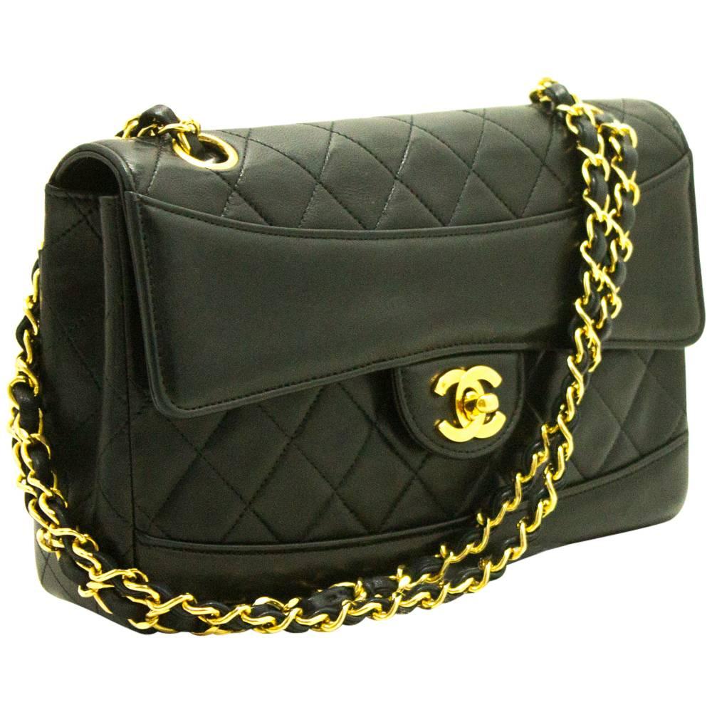 CHANEL Single Flap Chain Shoulder Bag Black Quilted Lambskin 