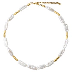 White Peonies Baroque Pearls Gold Bead Necklace - by Bombyx House