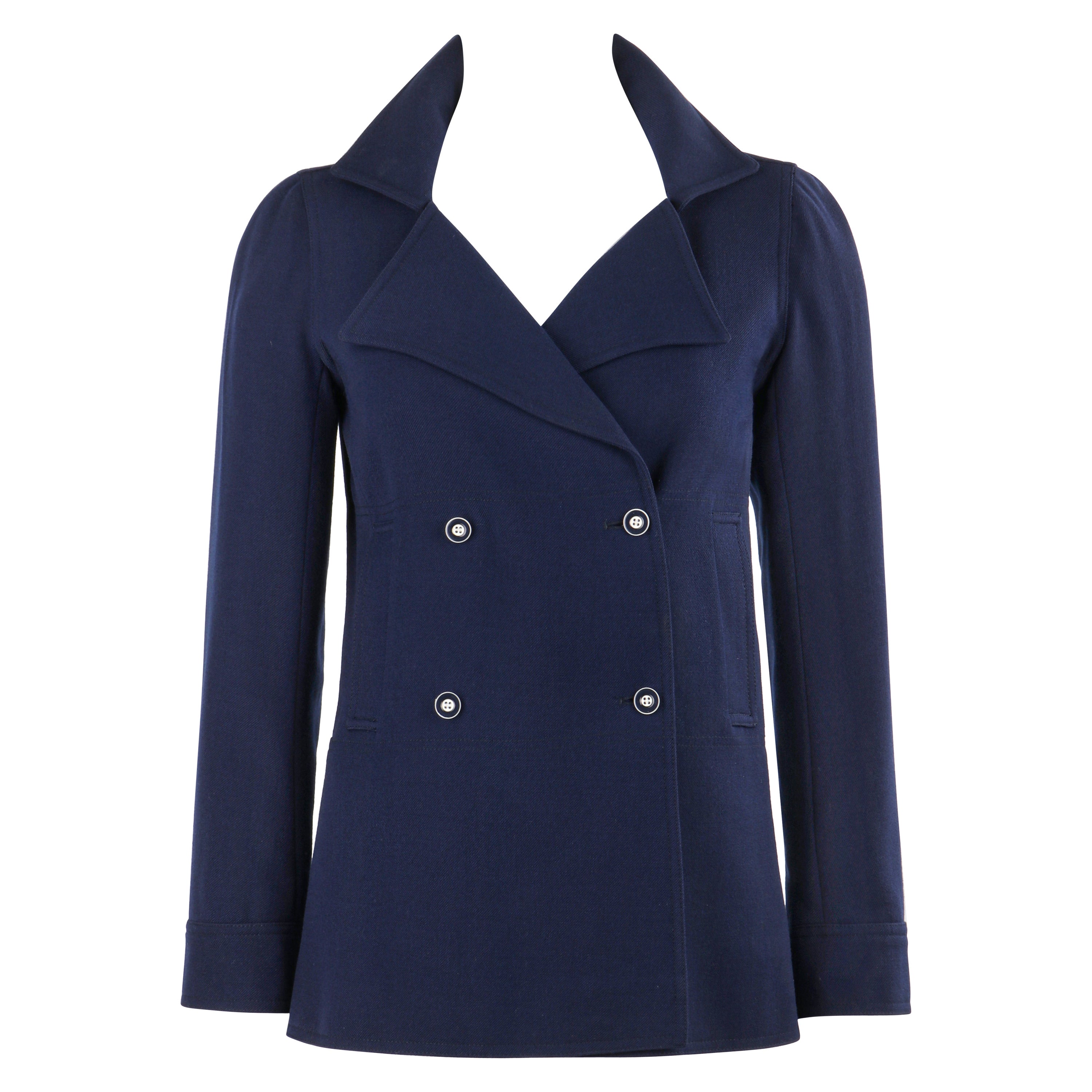 COURREGES PARIS c.1970's Vtg Marineblau Wolle Double Breasted Blazer Jacke  im Angebot
