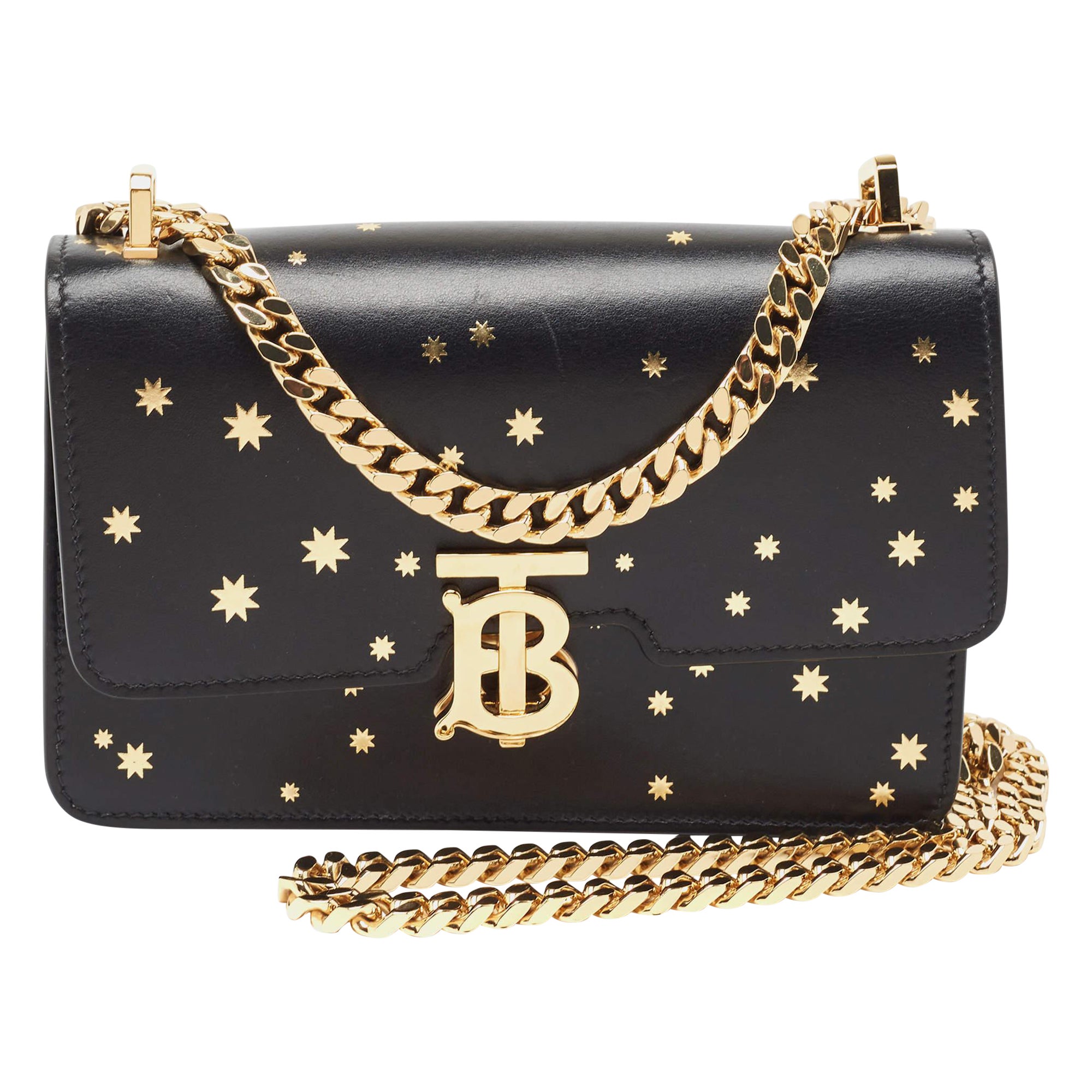Burberry Black Leather TB Elongated Chain Bag For Sale