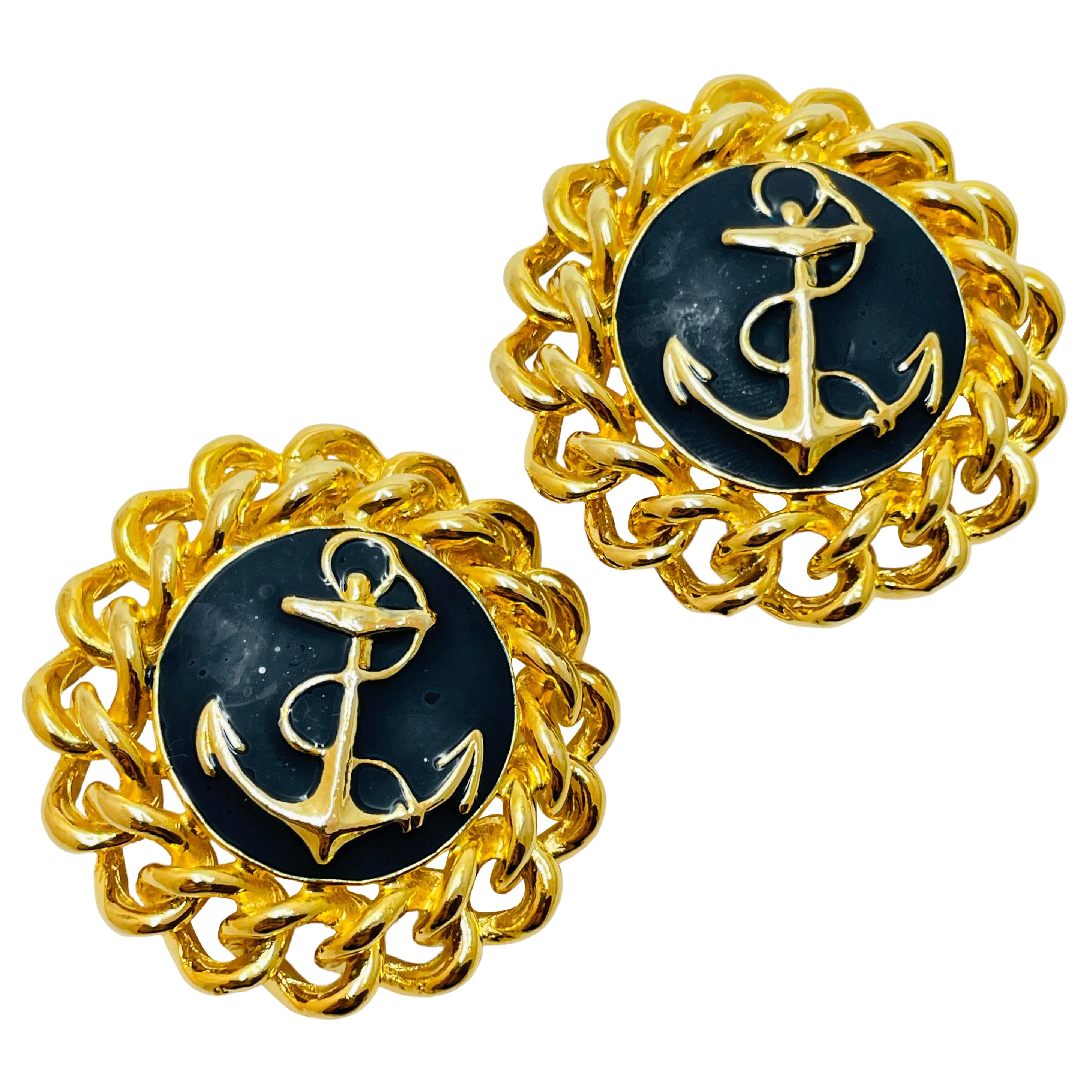 Vintage gold enamel nautical clip on designer earrings For Sale
