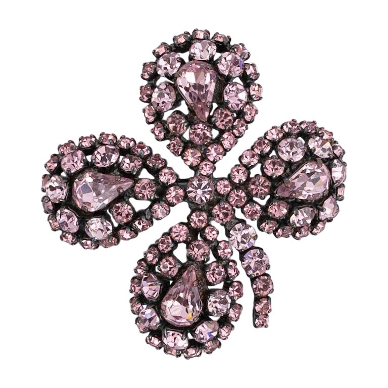 Rochas Clover Silver Plated Brooch with Pink Rhinestones For Sale