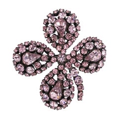 Vintage Rochas Clover Silver Plated Brooch with Pink Rhinestones