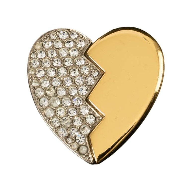 Yves Saint Laurent Heart Shaped Brooch/Pendant in Gold and Silver Metal Paved For Sale