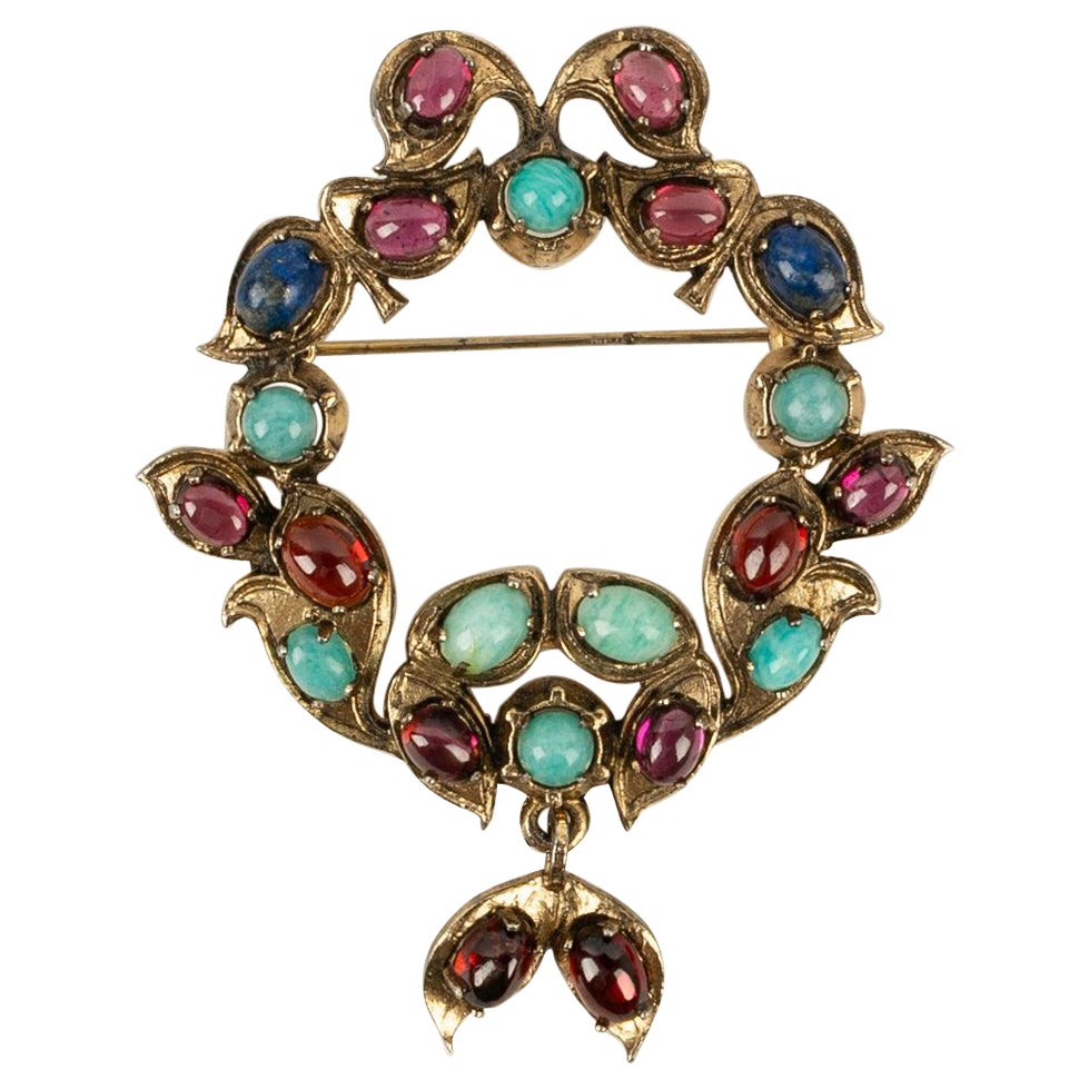 Dior Brooch in Gold-Plated Metal with Cabochons in Glass Paste For Sale