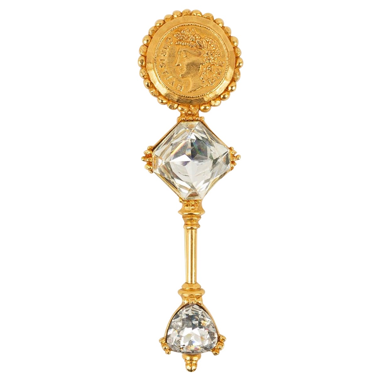 Dior Brooch in Gold-Plated Metal with Two Big Rhinestones For Sale