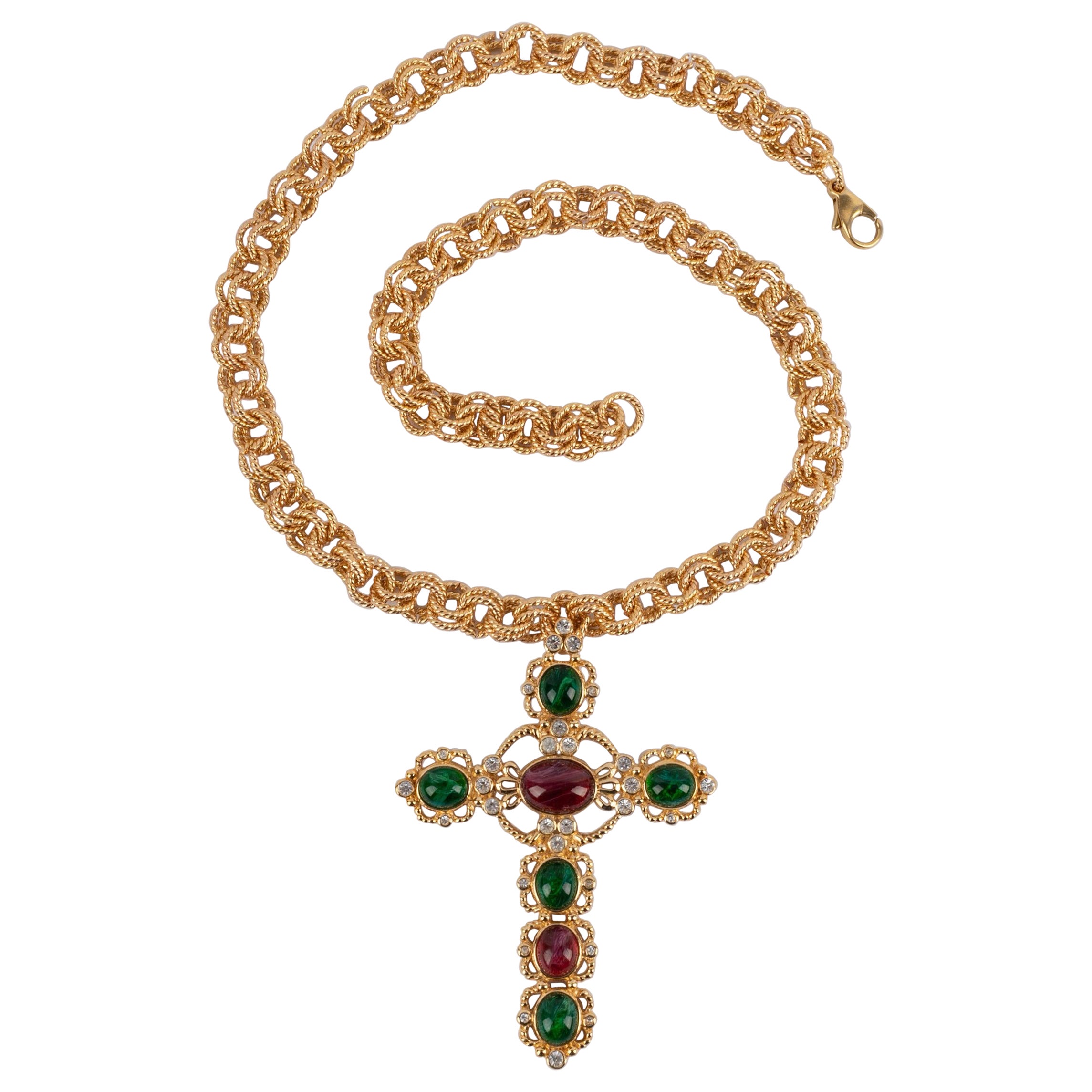 Christian Dior Golden Metal Cross Necklace For Sale