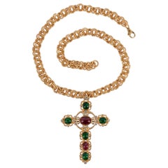 Used Christian Dior Golden Metal Cross Necklace