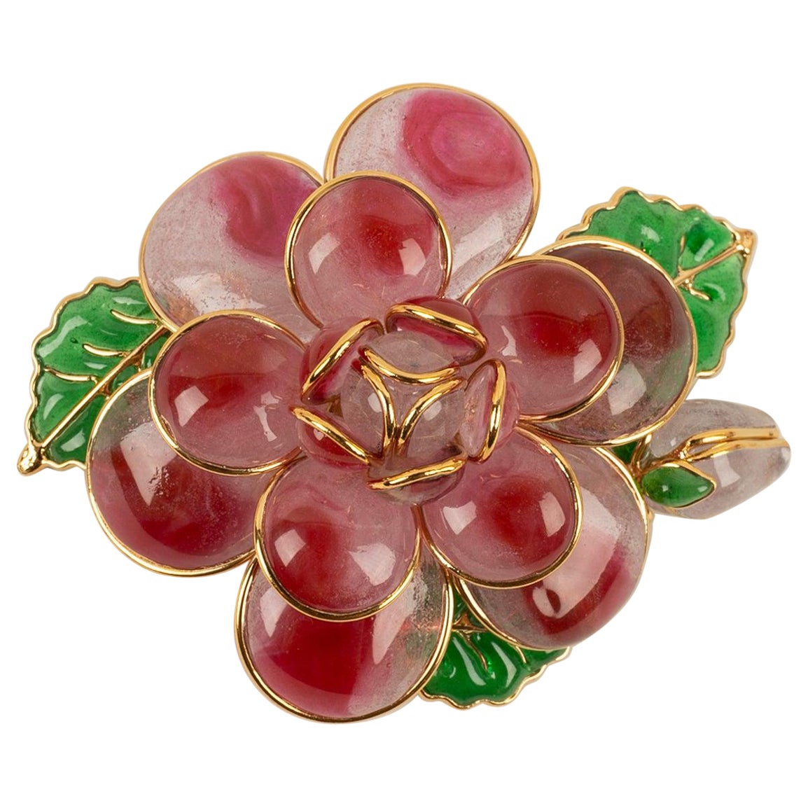 Augustine Flower Brooch / Pendant in Gold-Plated Metal and Glass Paste For Sale