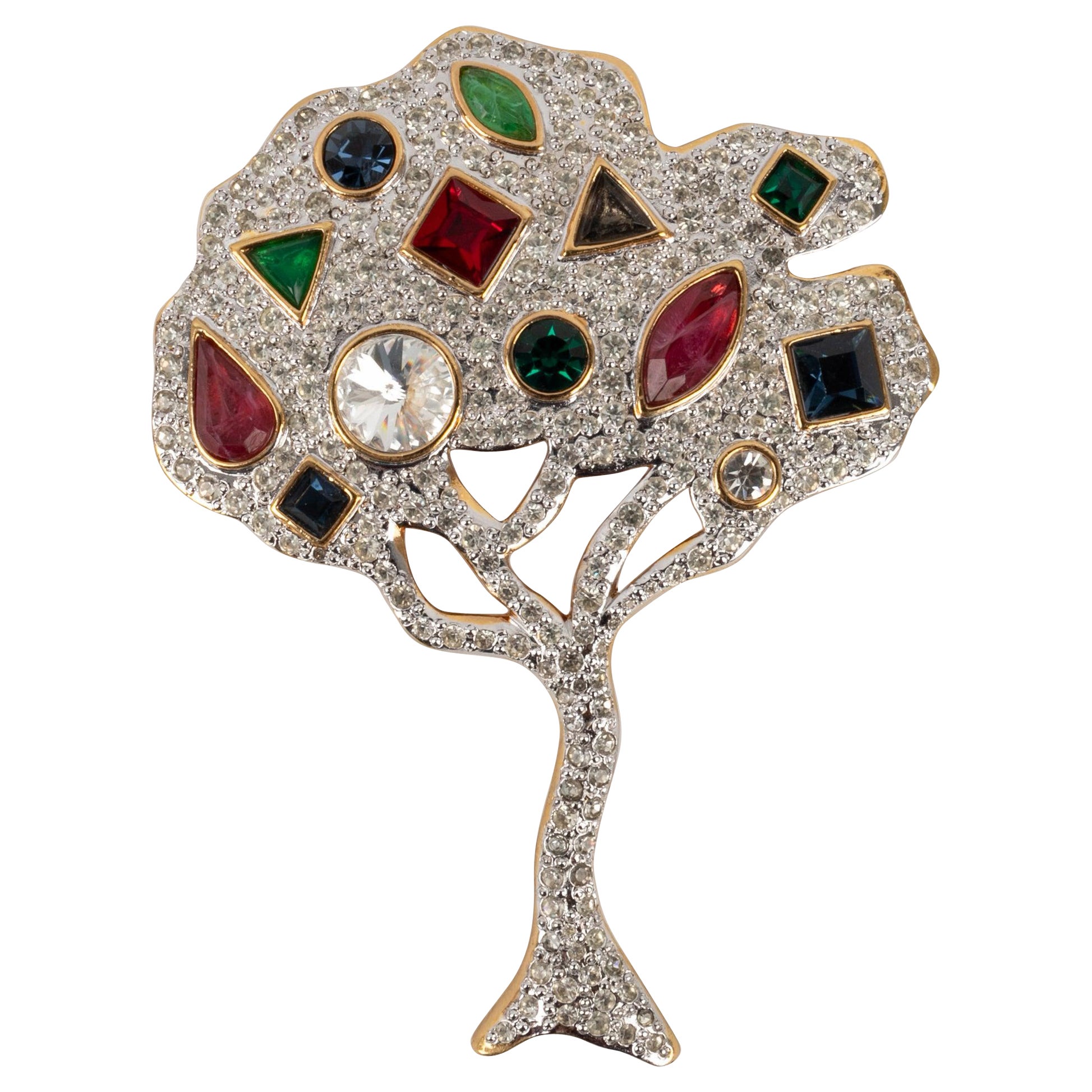 Valentino "Tree" Brooch in Gold-Plated Metal with Rhinestones For Sale