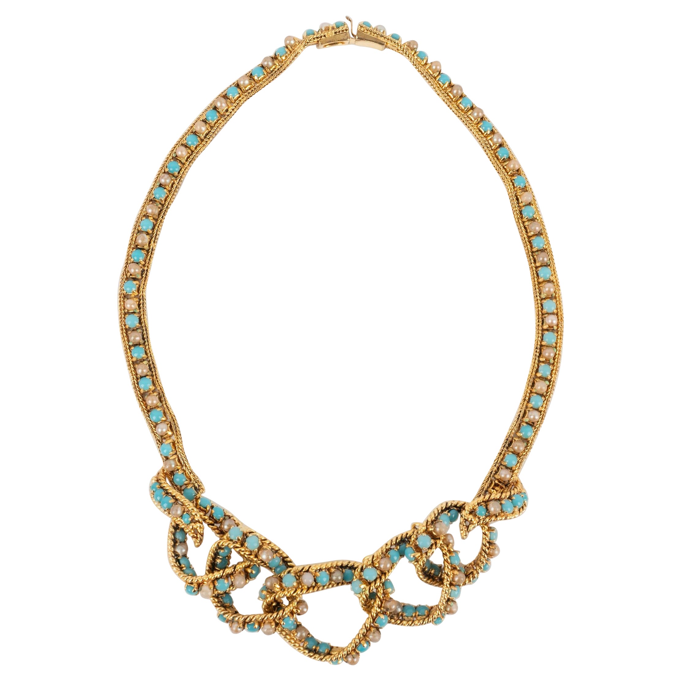 Dior Golden Metal Necklace with Costume Pearly Cabochons, 1965 For Sale