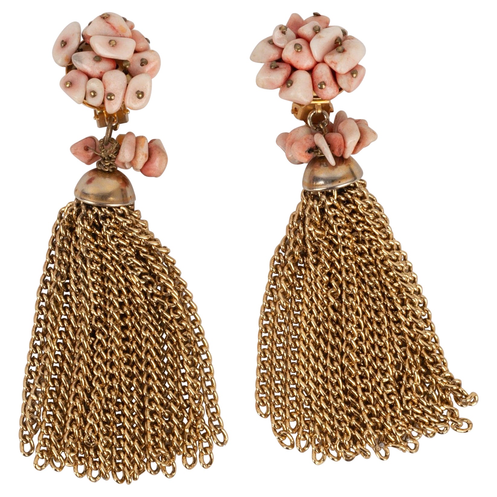 Paco Rabanne Golden Metal Earrings with Pale Pink Stones