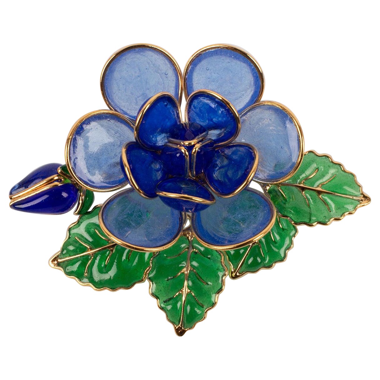 Augustine Flower Brooch / Pendant in Golden Metal and Glass Paste For Sale