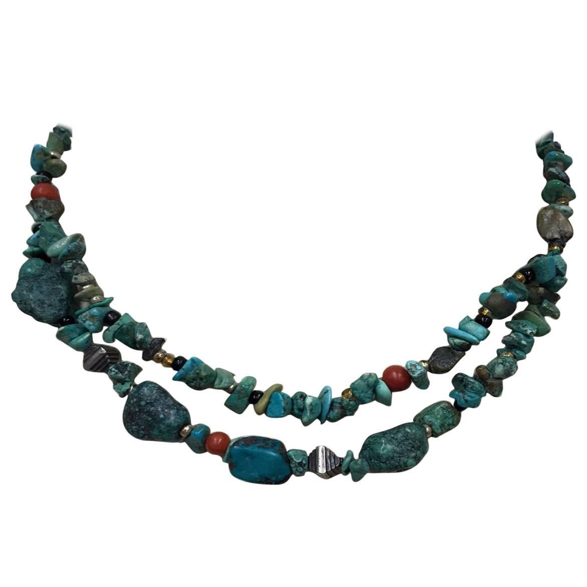 Turquoise Coral Sterling Silver Double Strand Necklace For Sale