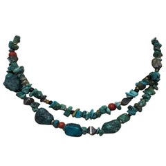 Retro Turquoise Coral Sterling Silver Double Strand Necklace