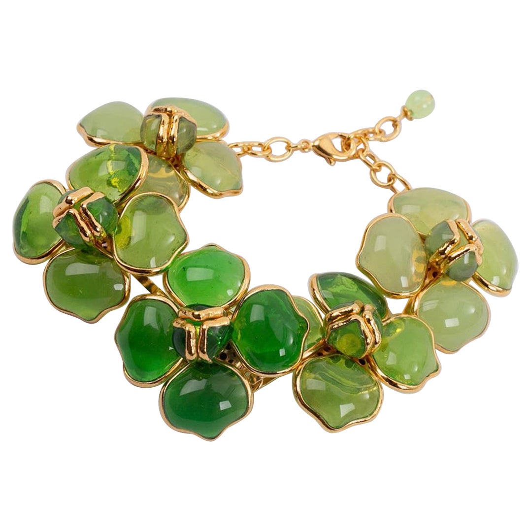 Augustine Bracelet in Golden Metal and Green Glass Paste For Sale