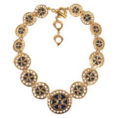 Vintage Yves Saint Laurent Golden Openwork Metal Necklace Enameled with Blue