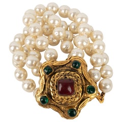 Chanel Bracelet in Golden Metal with Costume Pearls and Glass Paste, 1983