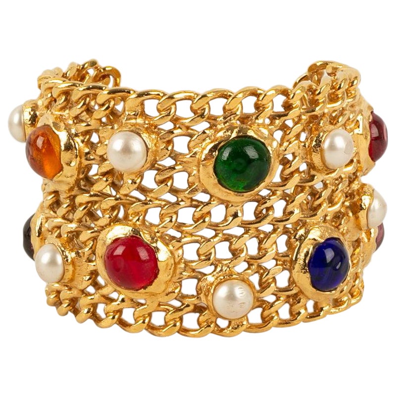 Chanel Cuff Bracelet in Golden Metal with Cabochons For Sale