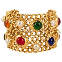 Vintage Chanel Cuff Bracelet in Golden Metal with Cabochons