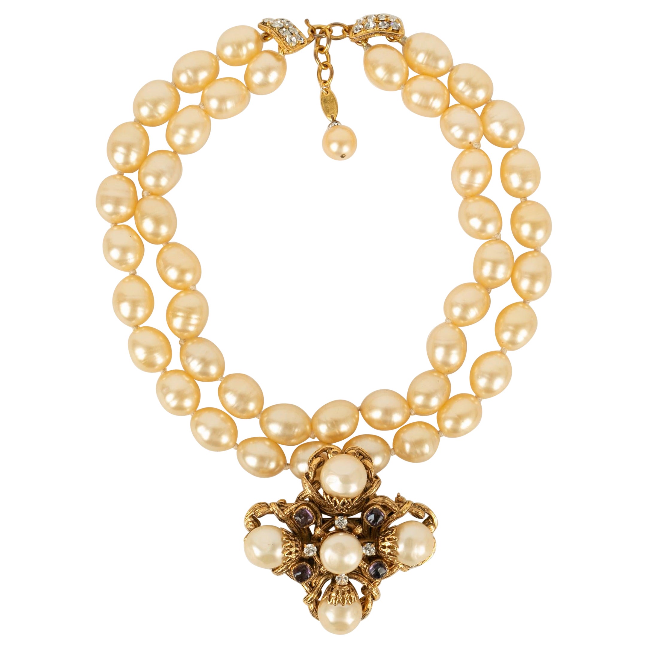 Chanel Short Two-Row Necklace with Pearly Beads For Sale