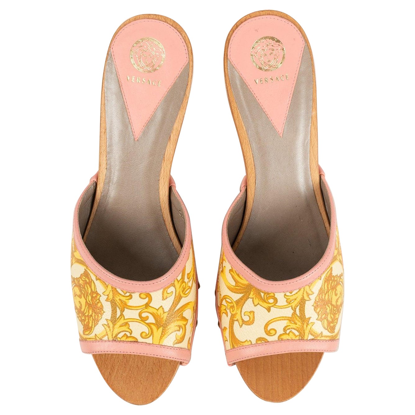 Versace Pair of Mules with Studded Printed Leather Heels For Sale