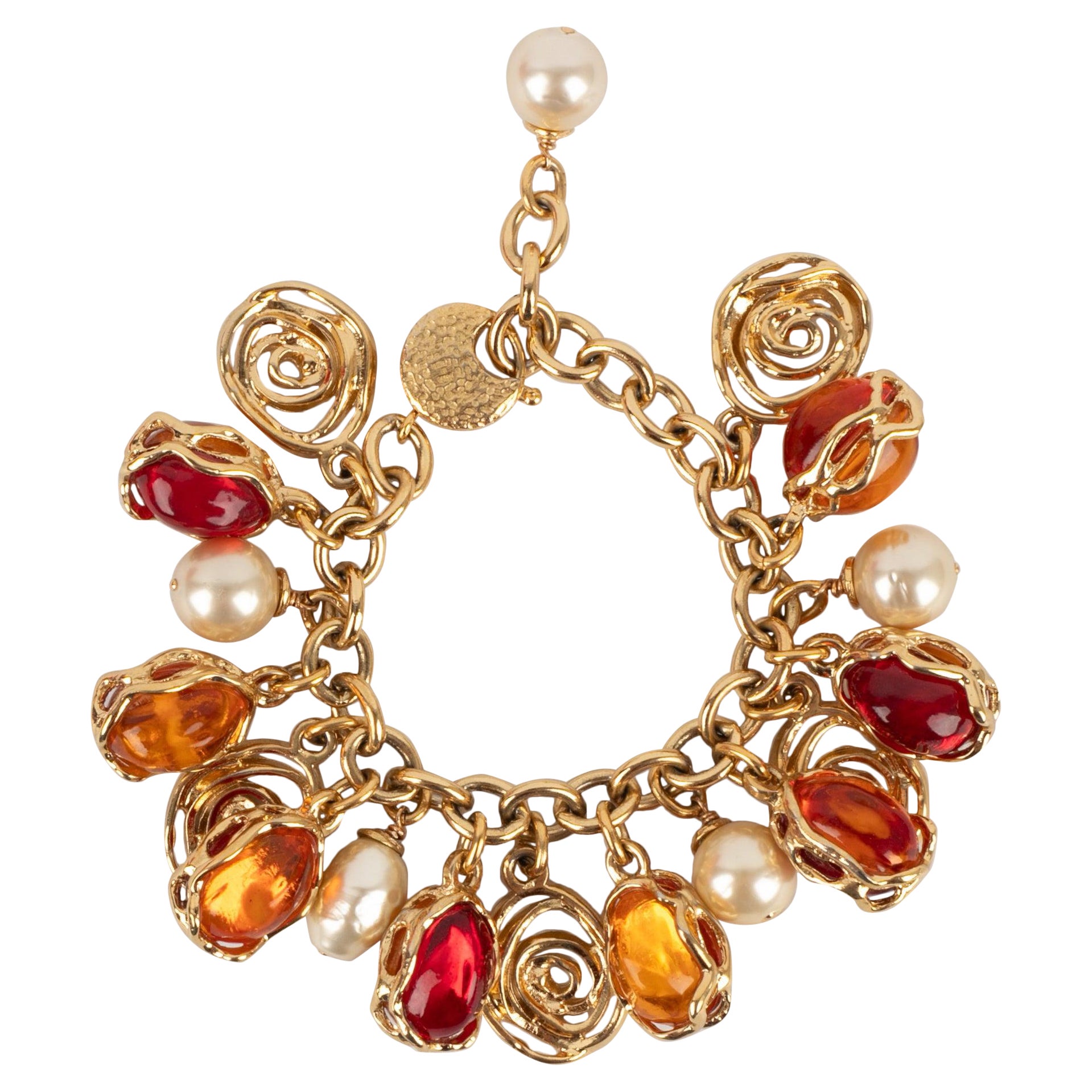 Yves Saint Laurent Golden Metal Bracelet with Costume Pearls For Sale