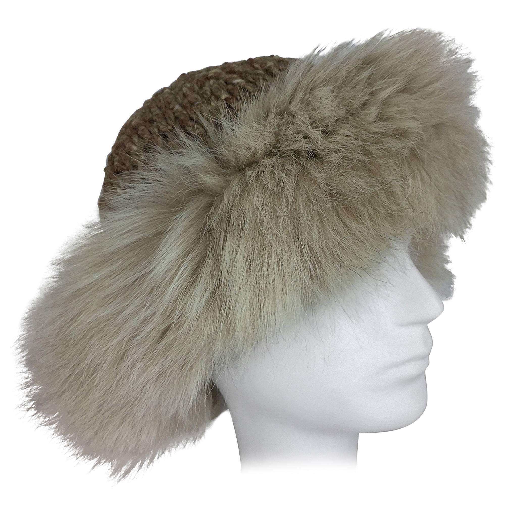 Lillie Rubin Fox fur and cocoa tweed knit hat 1970s unworn