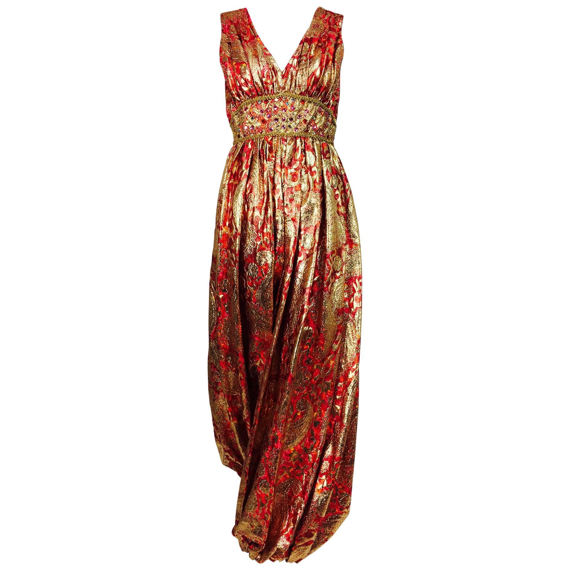 Malcolm Starr jeweled coral and gold metallic lame harem jumpsuit 1970s