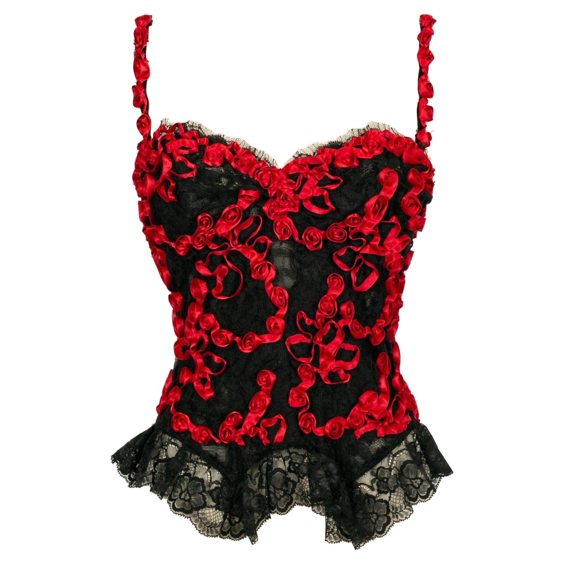 Valentino Black and Red Lace Top with Red Ribbons For Sale