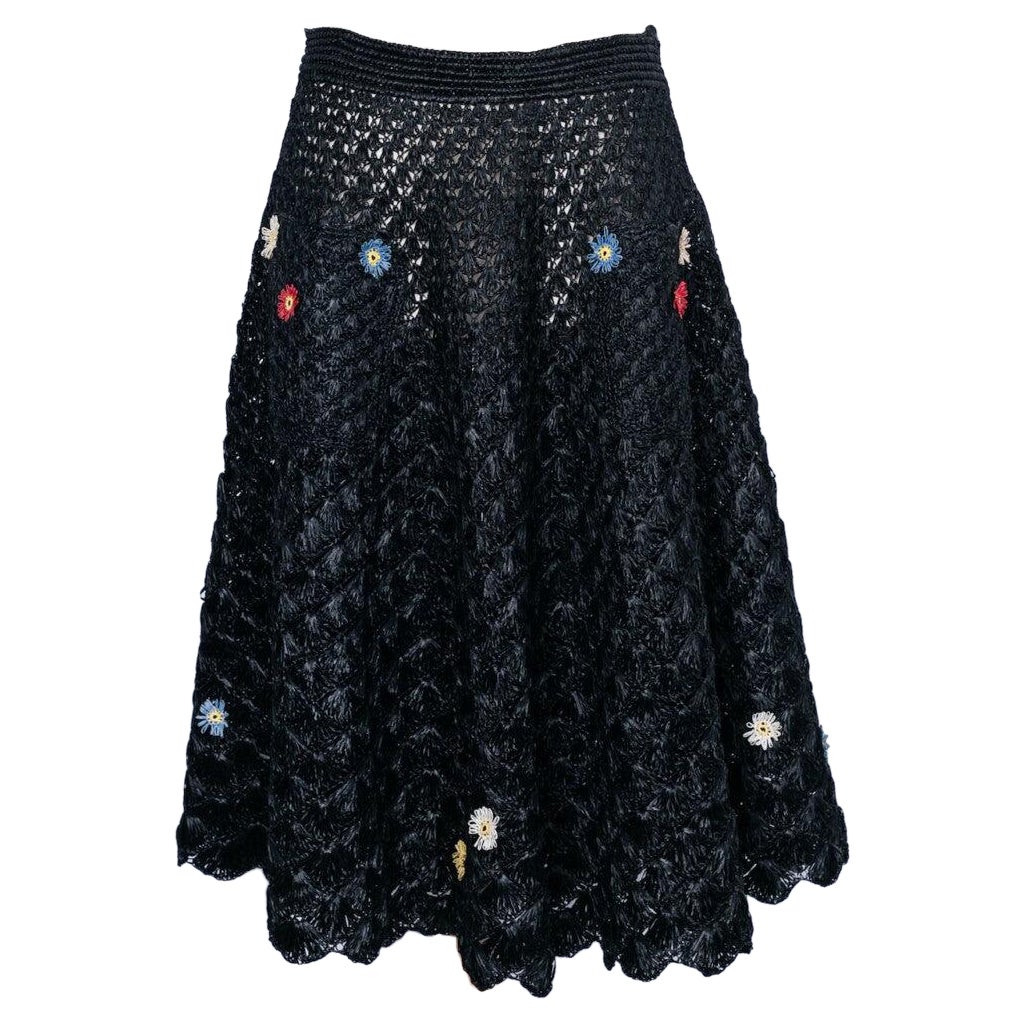 Black Raffia Skirt Embroidered with Small Flowers For Sale