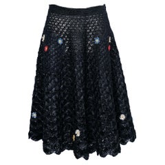 Black Raffia Skirt Embroidered with Small Flowers