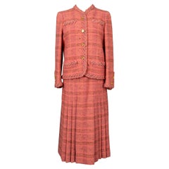 Vintage Chanel Haute Couture Suit Set of Pink-Tone Tweed Jacket and Skirt