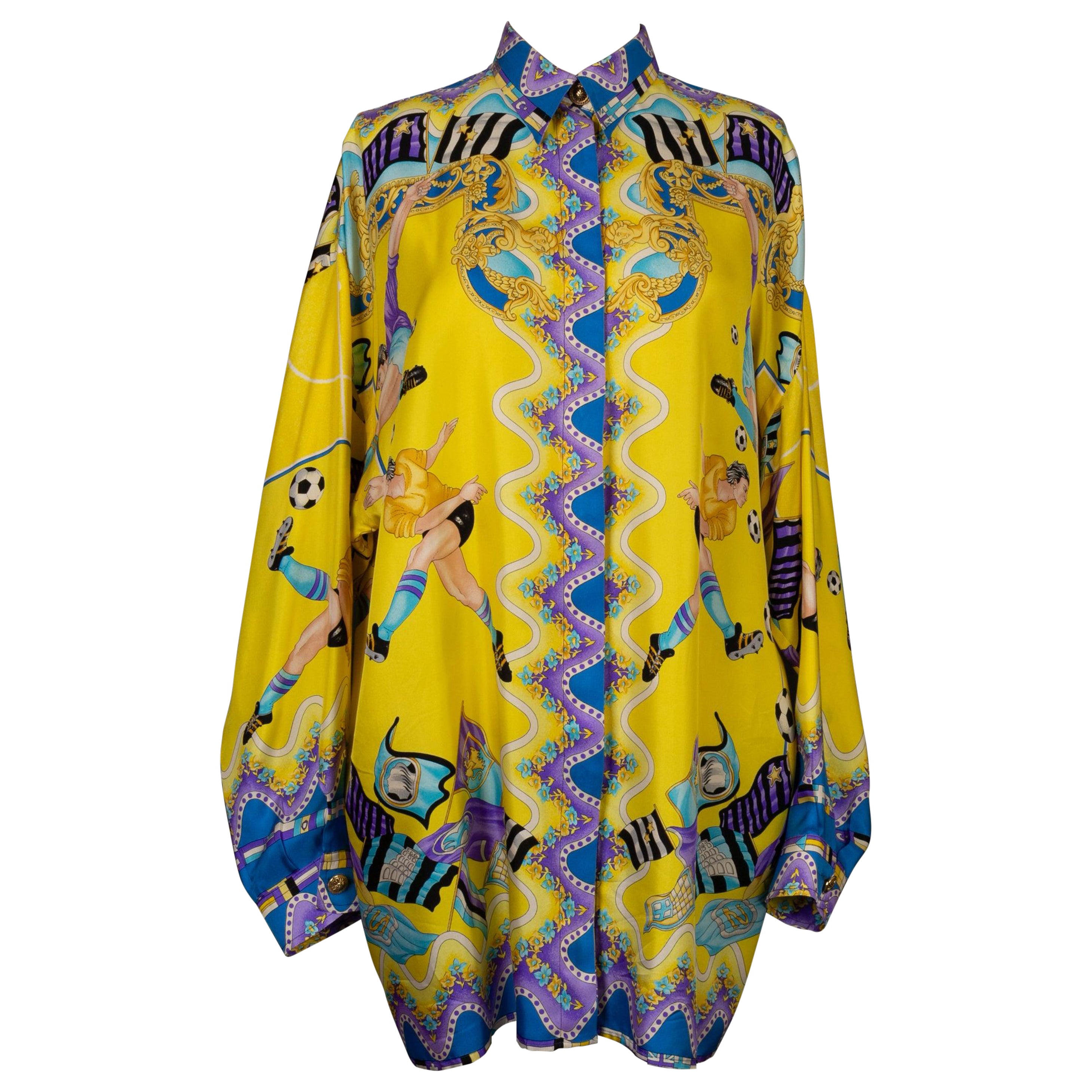 Versace Silk Shirt Printed with Blue and Purple  For Sale
