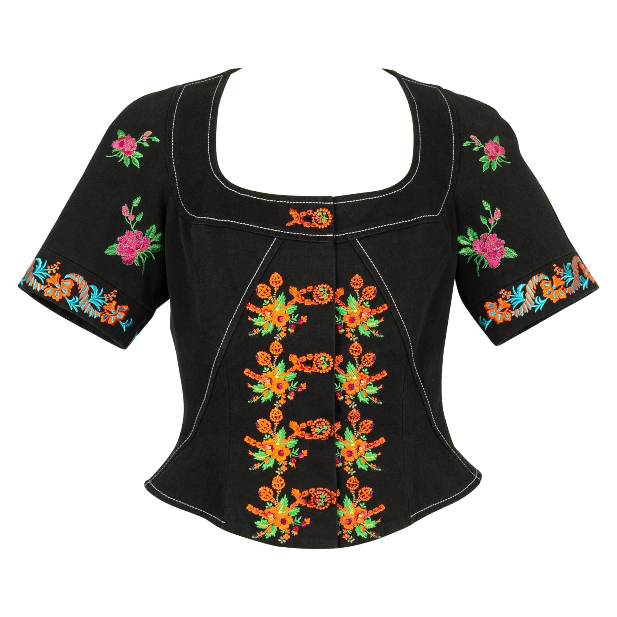 Christian Lacroix Embroidered Top in Black Cotton, 1993 For Sale