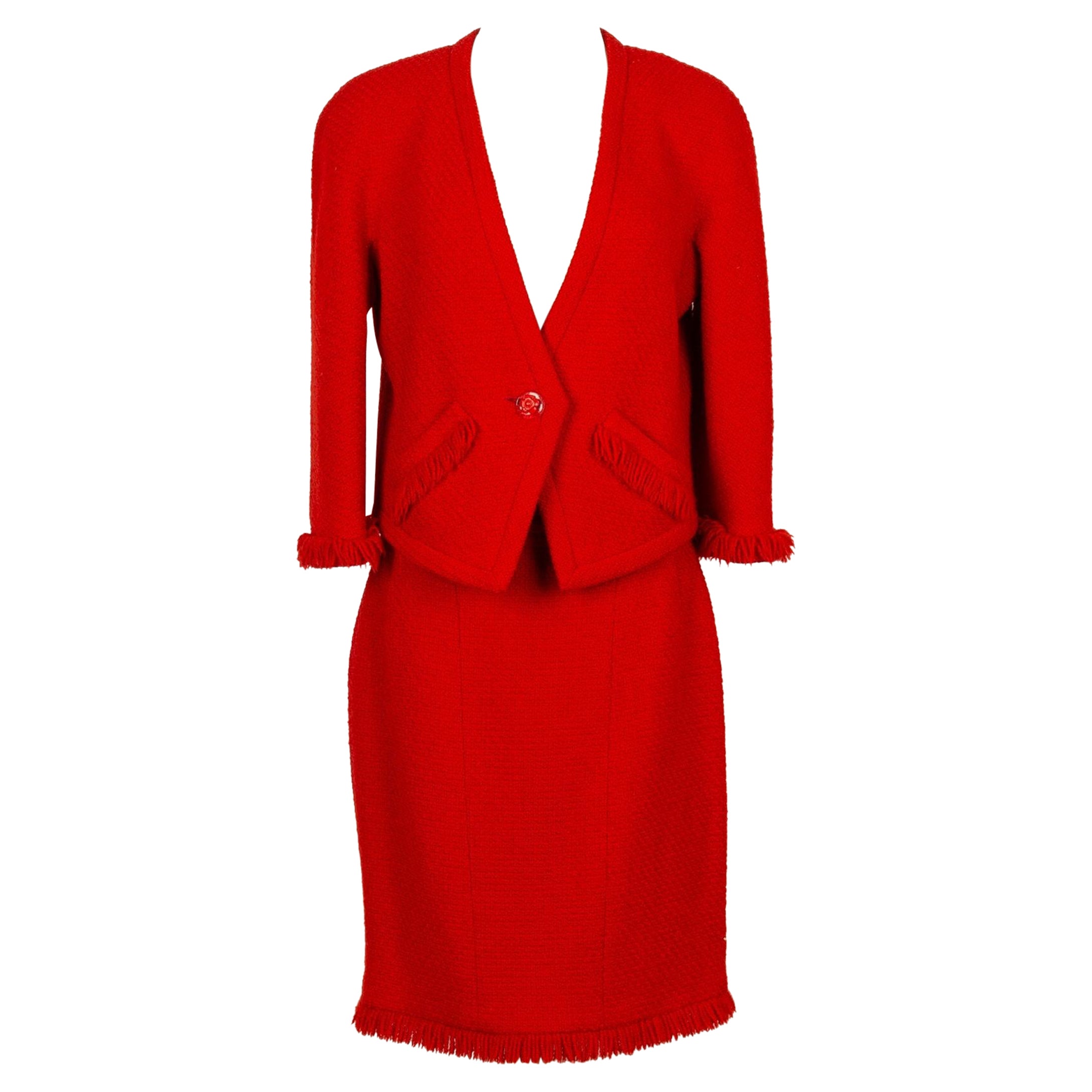 Chanel Suit with Skirt in Red Wool Tweed and Silk Lining, 1990s For Sale