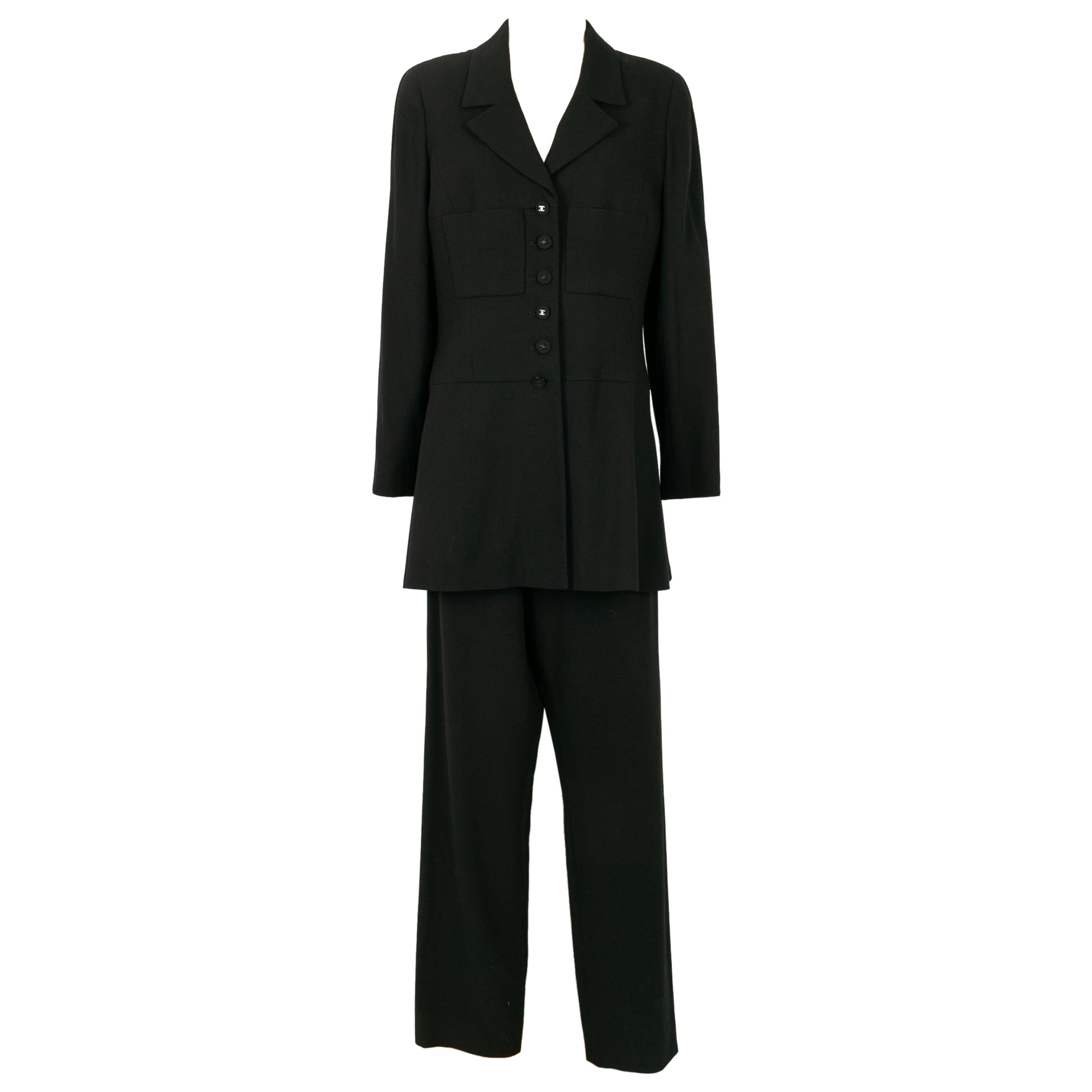 Chanel Suit Set of Jacket and Pants in Black Wool, 1997 For Sale