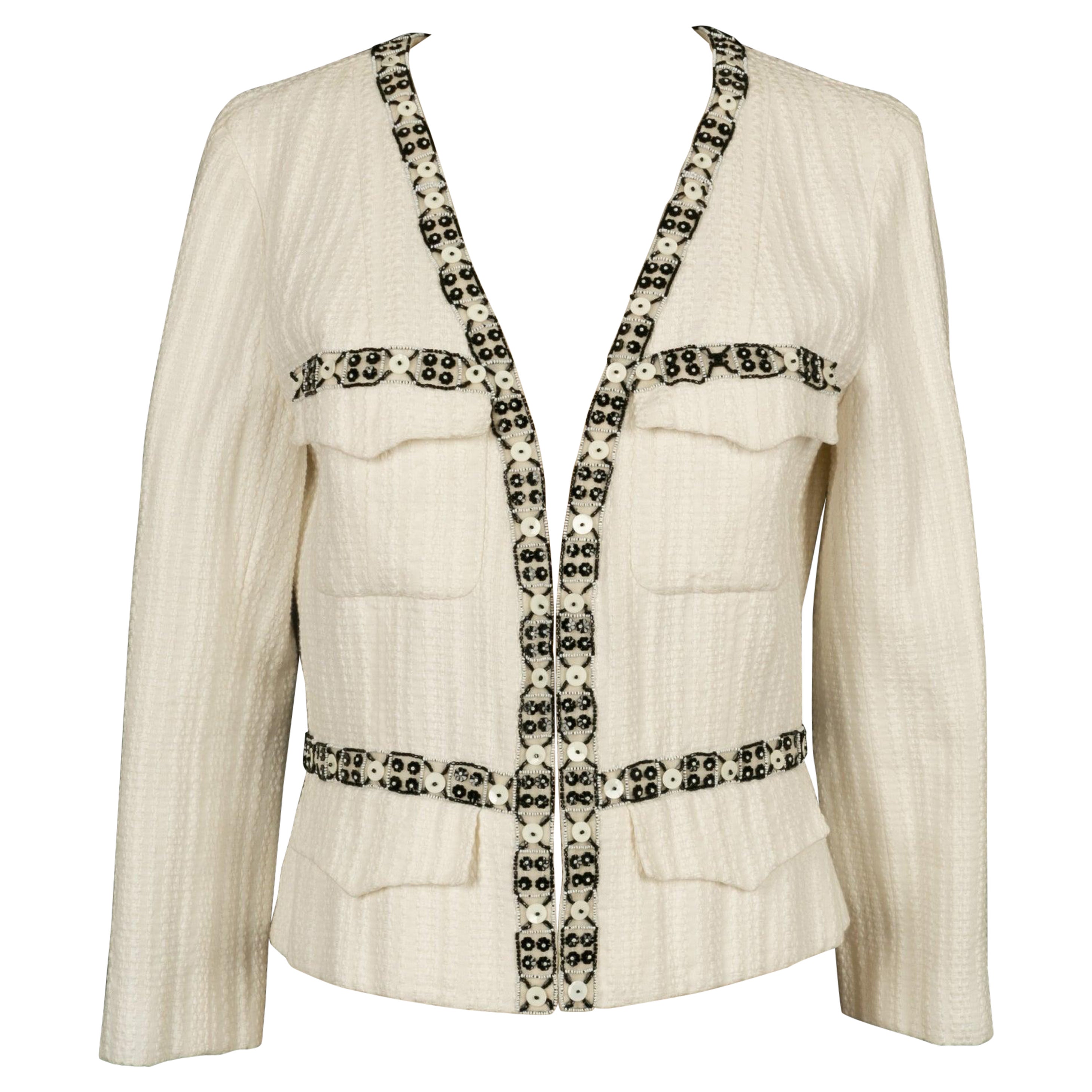 Chanel White Jacket in Cotton and Linen with Pearls and Sequins, 2003