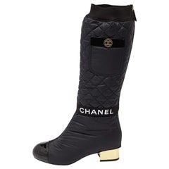 Chanel Black Nylon and Patent Leather Interlocking CC Knee High Sock Boots Size 