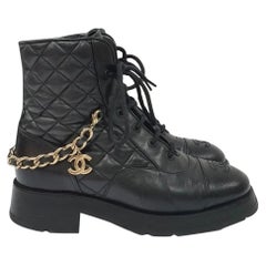 Chanel Black CC Shiny Lace Up Combat Boots