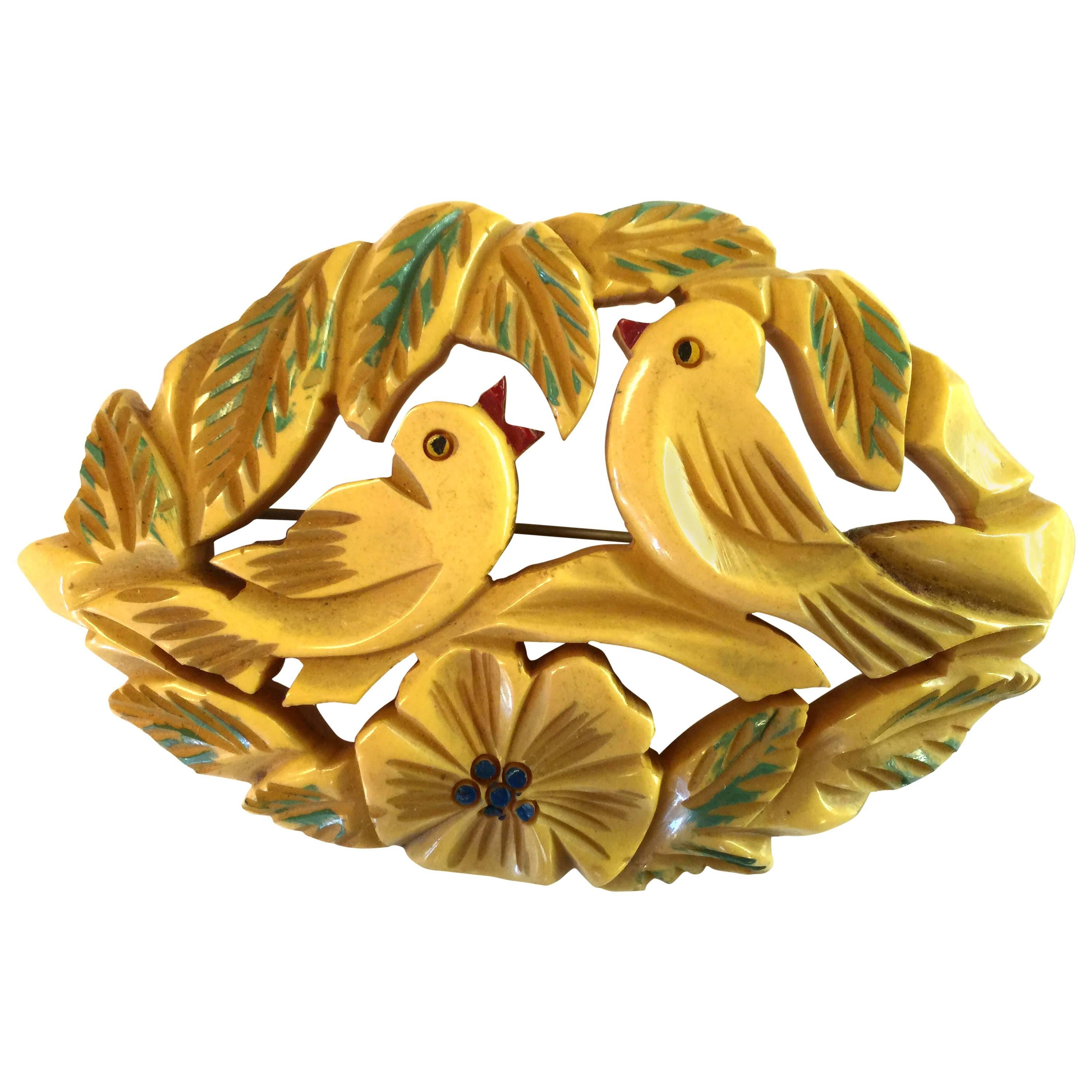 1930s Bone Bakelite Carved and Painted Lovebirds Brooch Pin For Sale