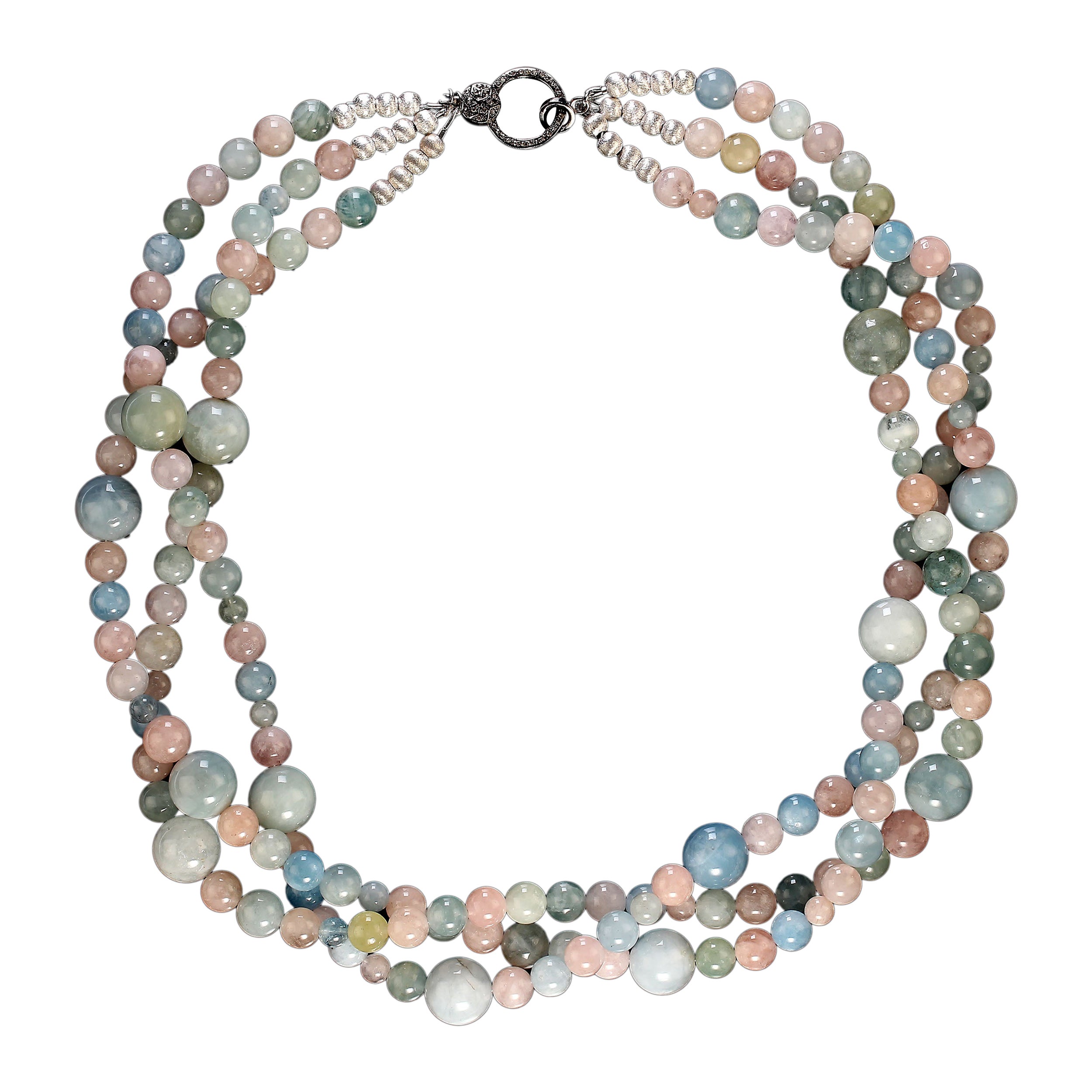 Artisan AJD 23 Inch Three Strand Multi Color Beryl Necklace in Pink, Blue and Green