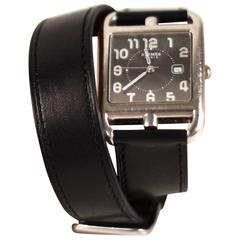Used Hermes Watch Double Tour Bracelet Black Leather Silver Stainless Steel Cape Cod
