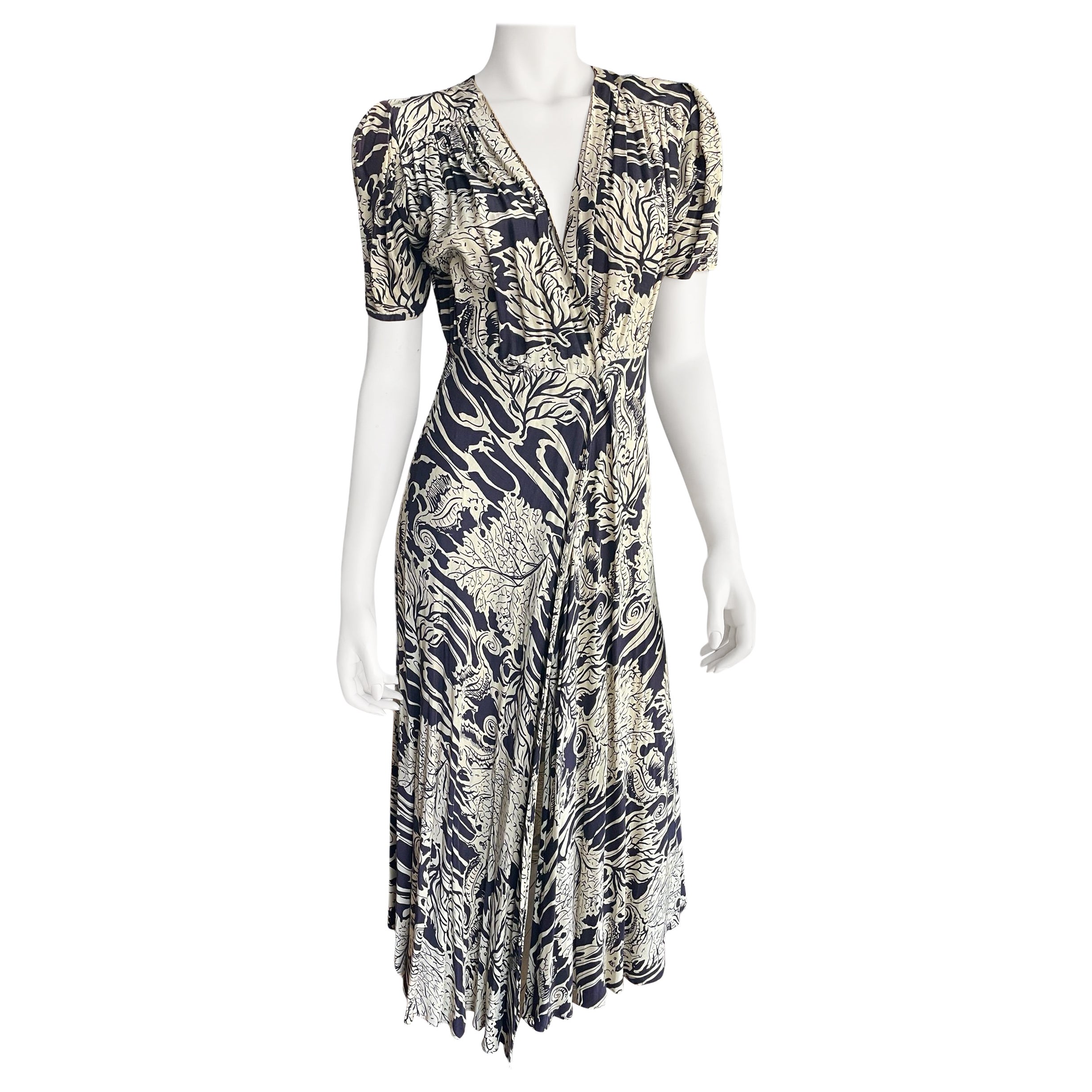 1980s Norma Kamali Navy and Cream Floral Wrap Dress For Sale