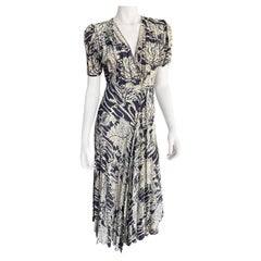 Retro 1980s Norma Kamali Navy and Cream Floral Wrap Dress