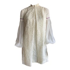 Vintage 1960s Cream Lace Mini Dress with Bishop Sleeves and Vest